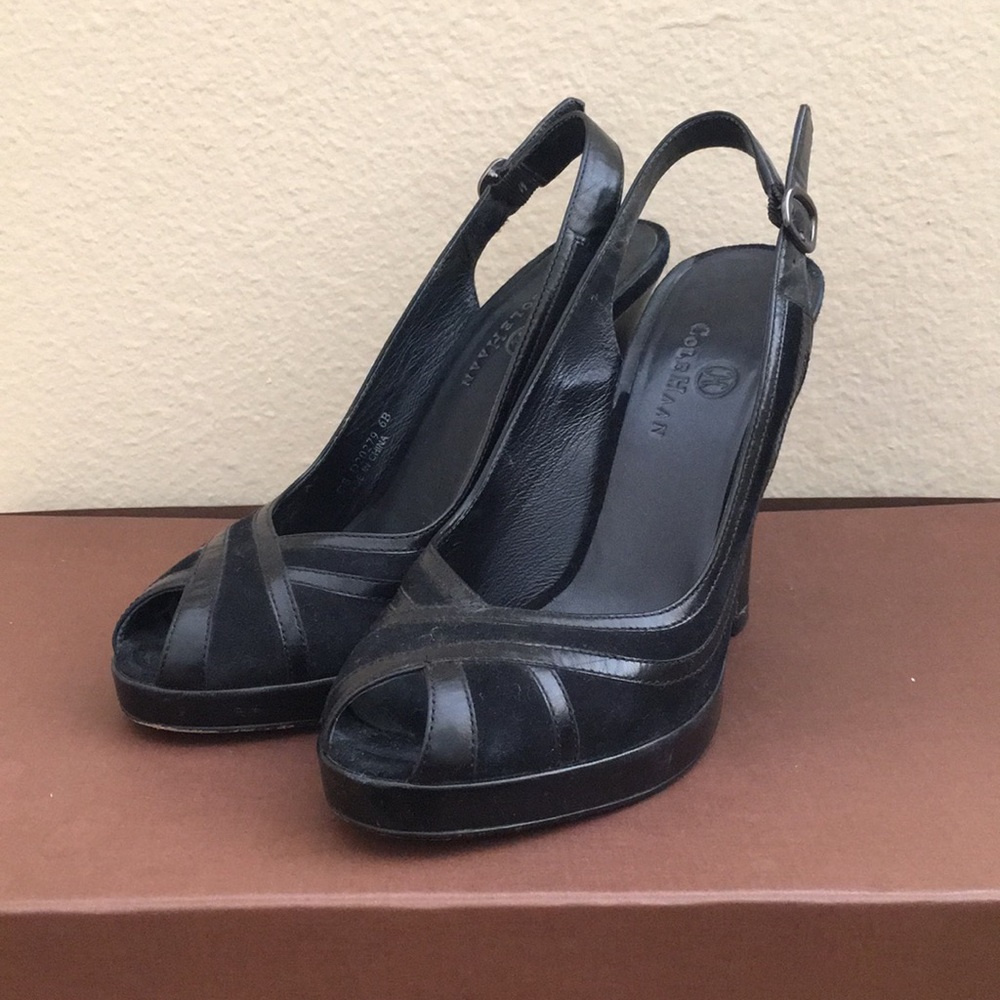 Black Leather and Suede Peep-Toe Heels